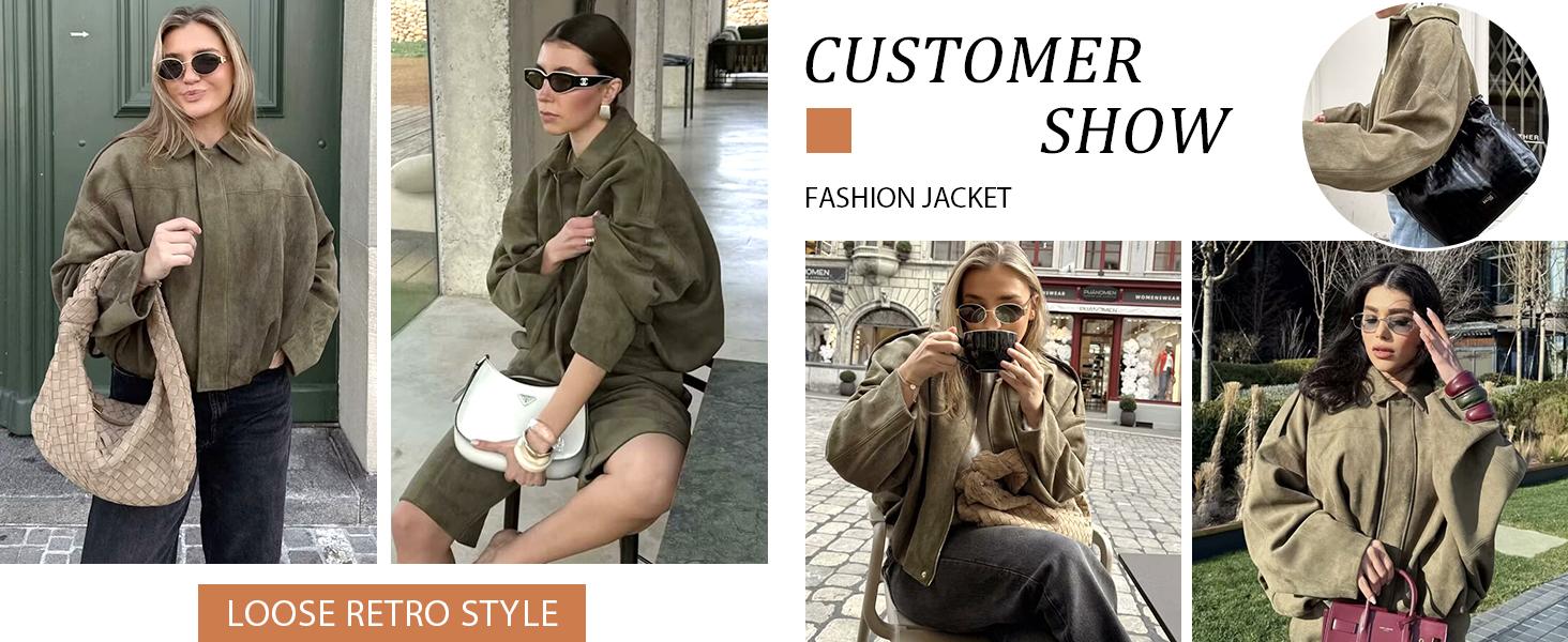 SCUSTY Women's Faux Suede Bomber Jacket Oversized Streetwear Y2K Lapel Long Sleeves Motorcycle Coat