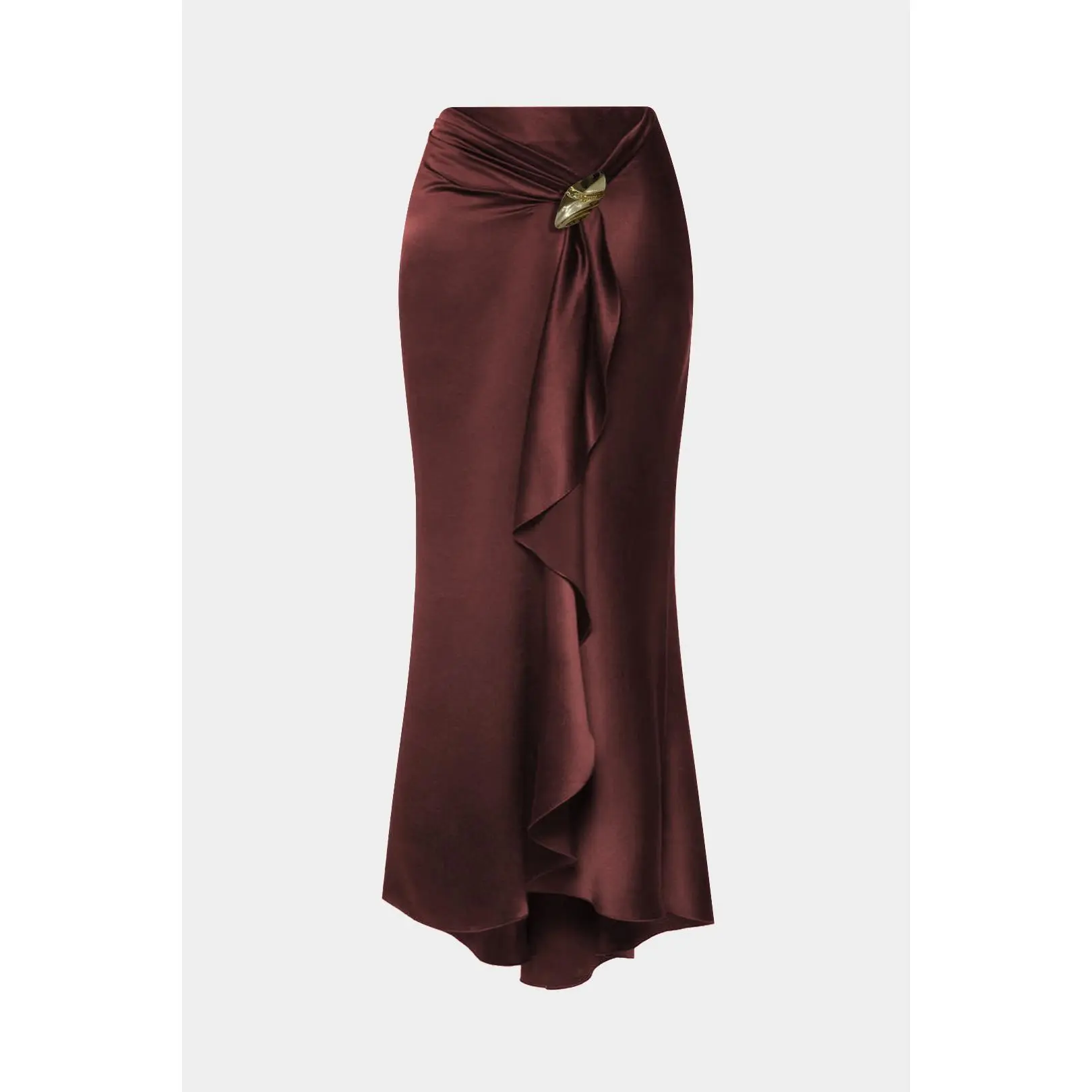 Women's Fitted Satin Ruffle-Ruched Asymmetrical Skirt - Polyester Bottoms for Social Wear, Party Occasions