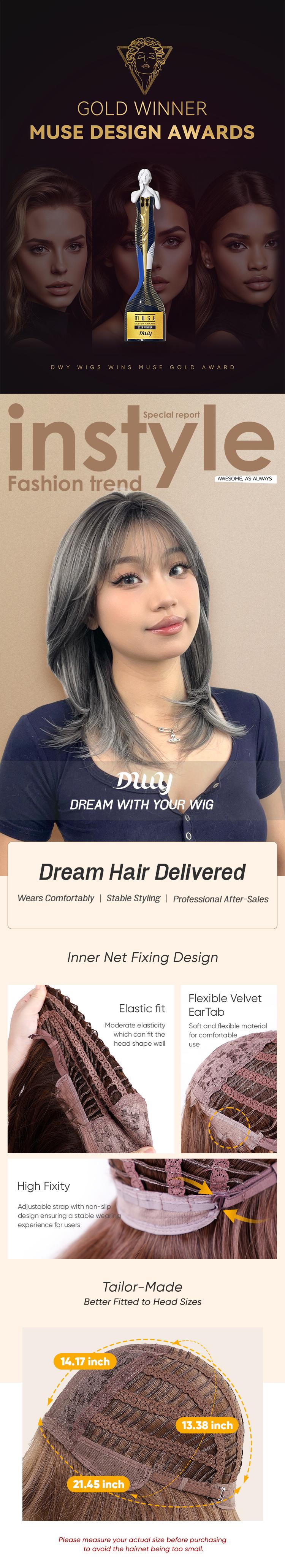 Ember H-DWY Mid-length Stright Grey Black with Highlights and Bangs Glueless Synthetic Wig for Women 18 Inches