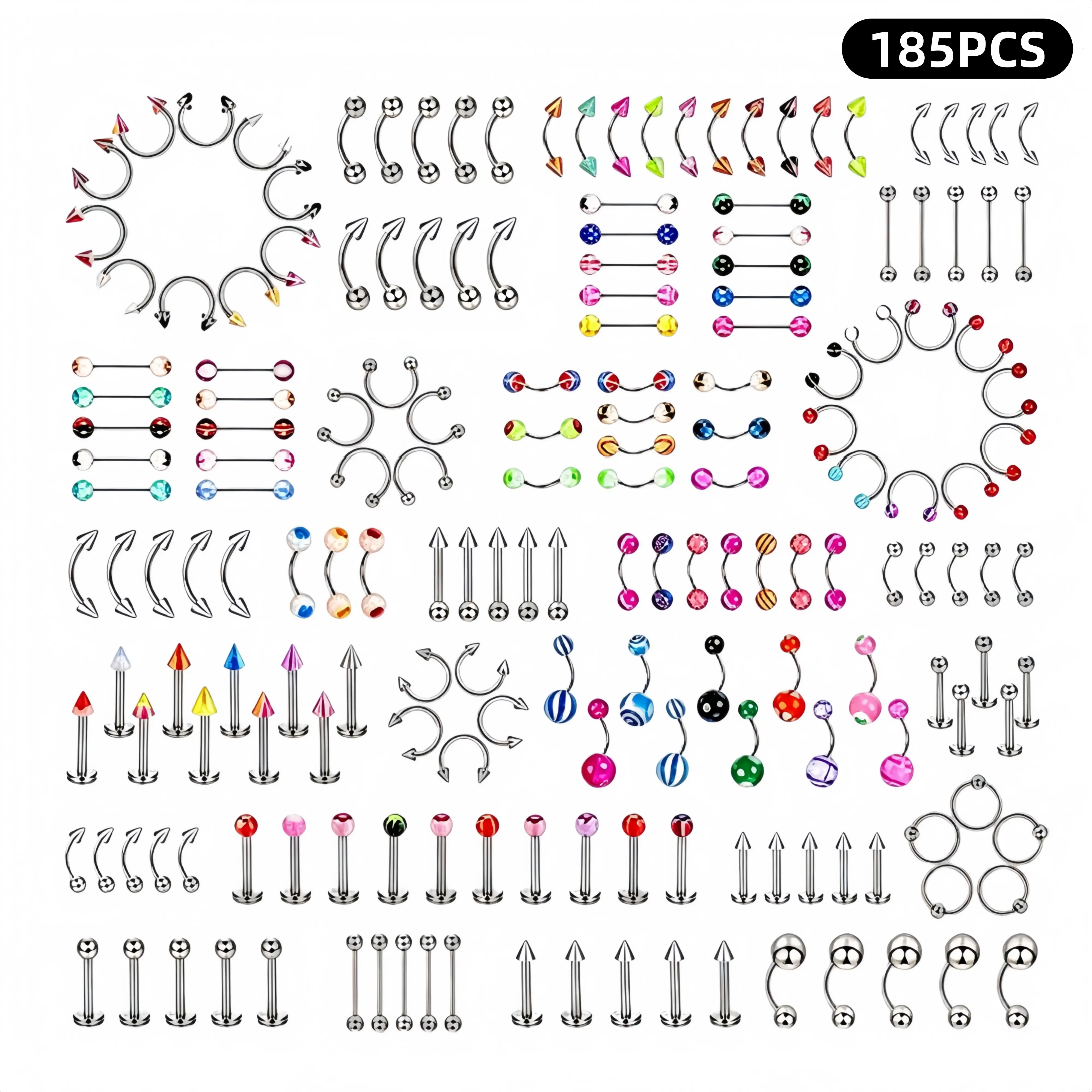 Unisex 185pcs Hypoallergenic Nickel-Free 316L Stainless Steel Body Piercings Set, 14G-18G Assorted Colors Jewelry Kit for Nose, Tongue, Lip Piercings