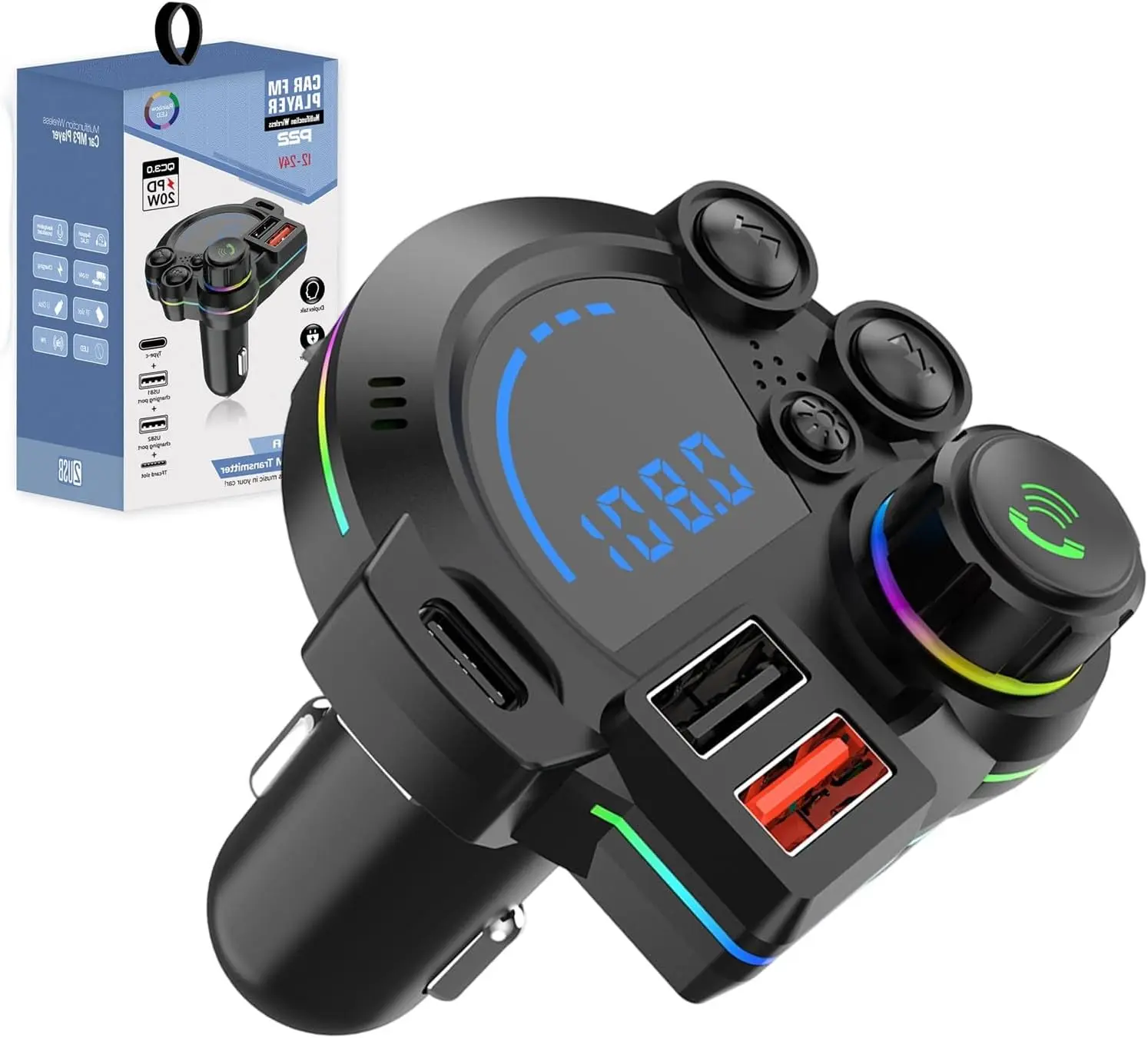 20W Type-C Car Charger and Bluetooth 5.3 FM Transmitter,Wireless MP3 Player with Dual USB Ports, Bass Sound Enhancer, RGB Glowing Radio Adapter, Hands-Free Calls, Car Accessories & Road Trip Essentials