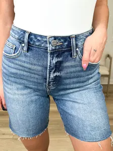 Risen Tilly Tummy Control Denim Shorts - Medium Wash (Raw Hem, Non-Distressed)
