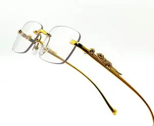 Gold Wire Frame Rimless Men's Luxury Leopard Hip Hop Retro Clear Lens Glasses Fashion Geometric