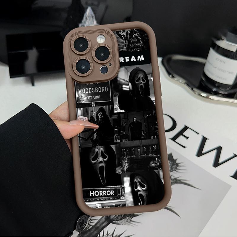 Ghostface's Realm pattern phone case, compatible with iPhone 17 Pro Max, 16 Pro Max, 15 Pro, 14, 13, 12, and 11.  Shockproof and drop-resistant phone case made of durable silicone material.