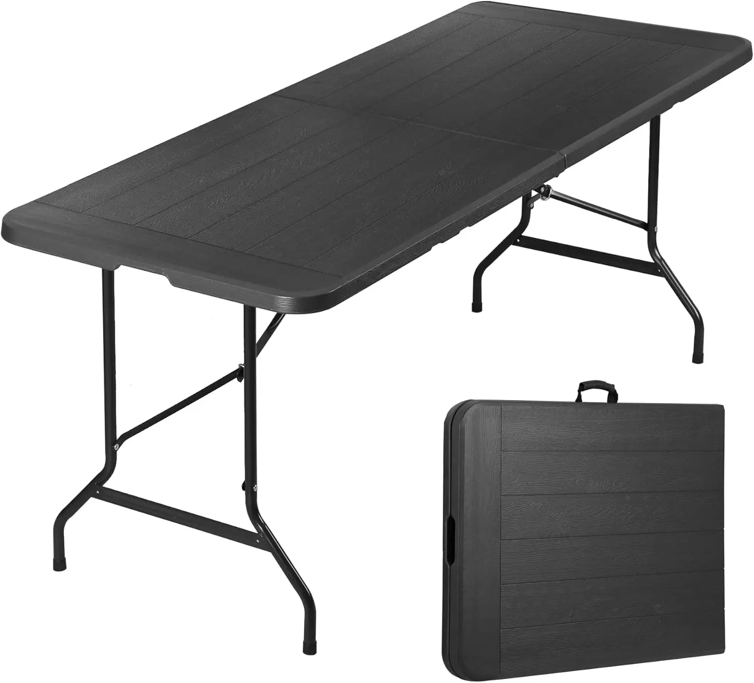 6FT Folding Table for Indoor Outdoor, Portable Heavy Duty Fold-in-Half Plastic Dining Picnic Party Camping Table with Carrying Handle, Black