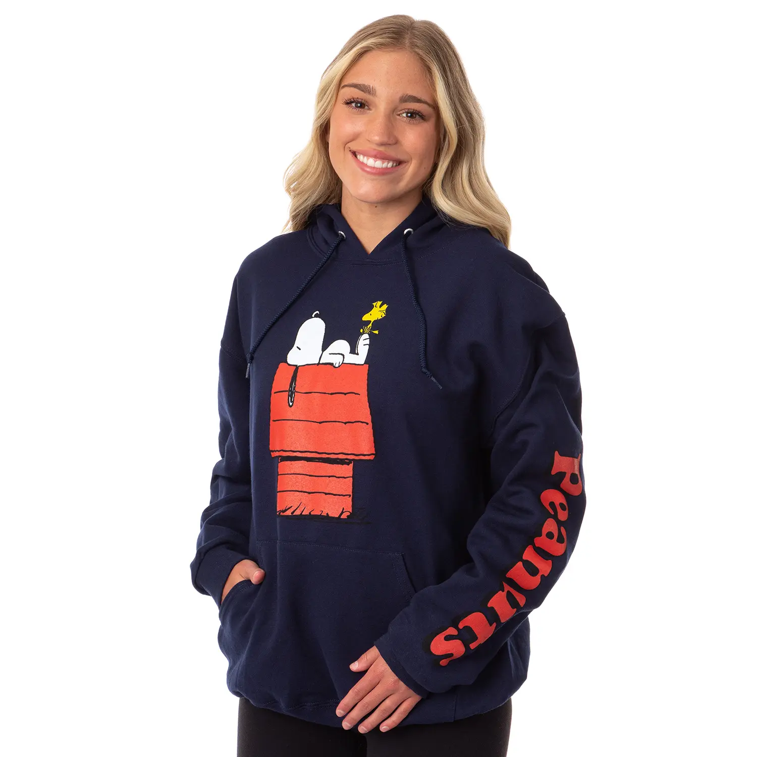 Peanuts Juniors' Snoopy And Woodstock Red Doghouse Hooded Sweatshirt Pullover Hoodie, Polyester, Comic, Top, Kangaroo