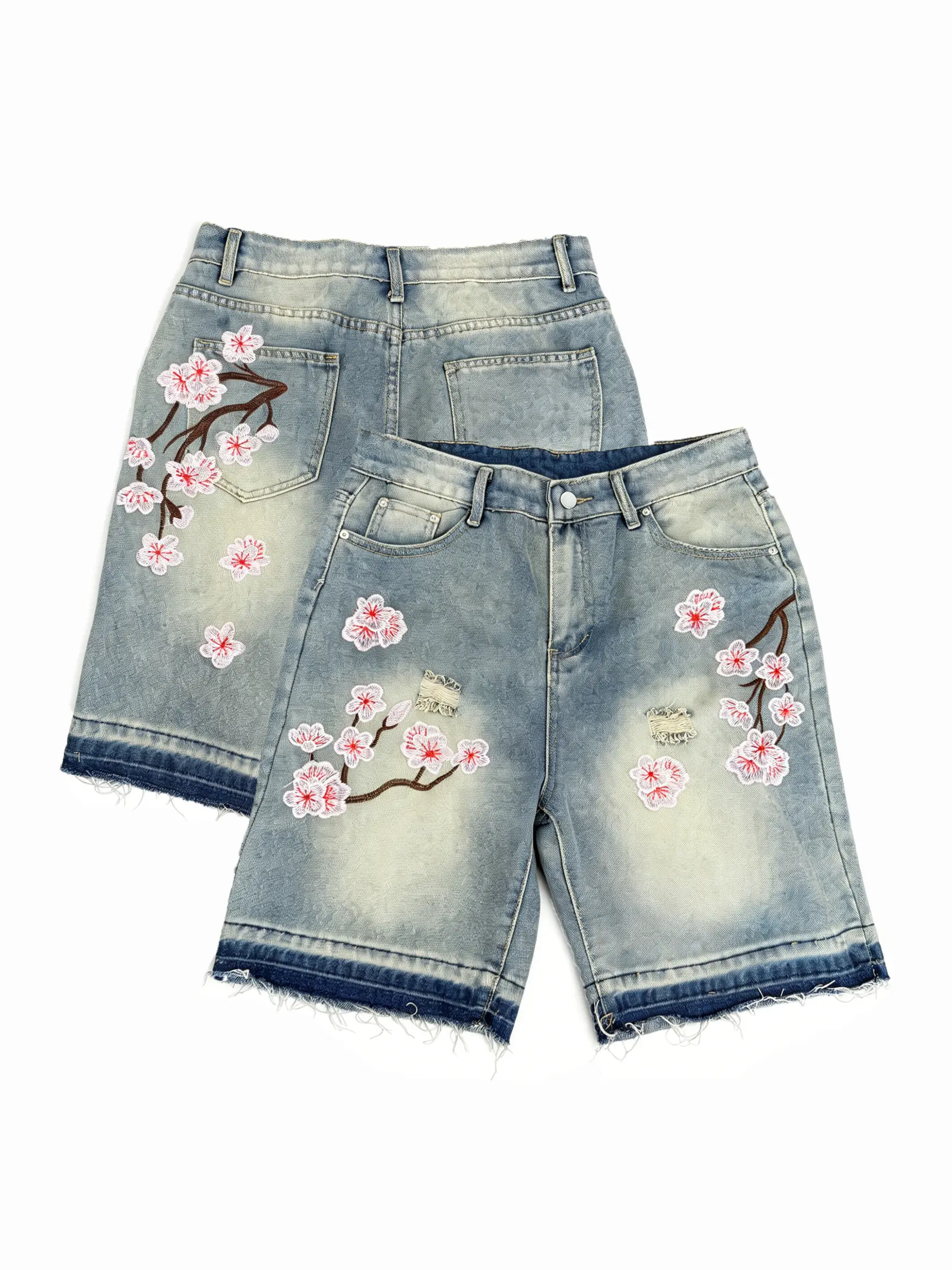 Women's Retro Denim Shorts, High Waisted Baggy Fit with Cherry Blossom Embroidery, Chic Ripped Above Knee Summer Bottom, Waterproof