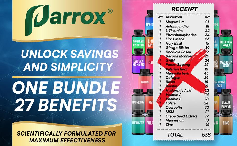 PARROX Shining Serenity Set - Collagen & Cortisol All-in-One Multivitamin Combo - Made in USA with Extra Strength Ingredients