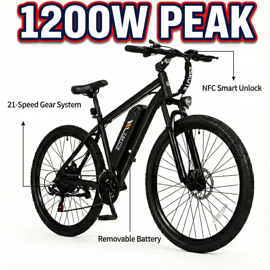 ESKUTE M200/M200P Electric Bicycle - 27.5in Pre-Assembled Mountain E-Bike for Off-Road & Commuting, 1200W Peak Motor (48.0 w & above), 28 MPH, 21-Speed, Dual Suspension, LCD Display, NFC Unlock, Sightseeing & Camping Essential