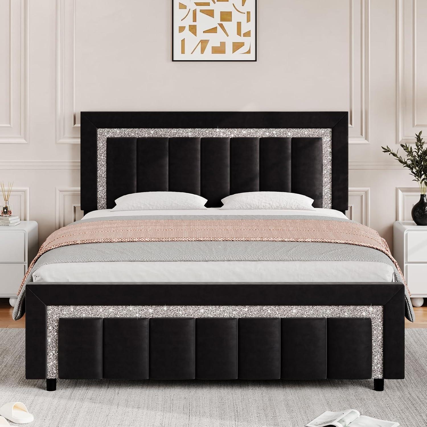 HOMBCK Bed Frame, No Mattress, Velvet Upholstered, Diamond Headboard, Vertical Channel Tufted Headboard, No Box Spring Needed, Easy Assembly