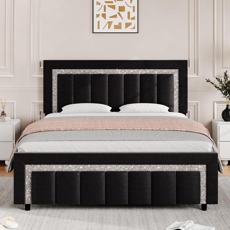 HOMBCK Bed Frame, No Mattress, Velvet Upholstered, Diamond Headboard, Vertical Channel Tufted Headboard, No Box Spring Needed, Easy Assembly