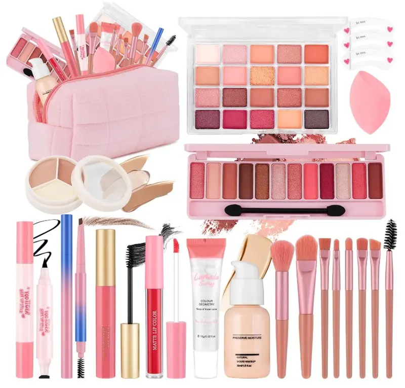 All In One Makeup Kit for Teen Girls Beginners with Foundation,Eyeshadow, Lipstick, Eyeliner, Mascara, Brushes, Bag, Travel Friendly MakeUp Gift Set, Birthday Gifts for Teen Girls, Graduation Gifts