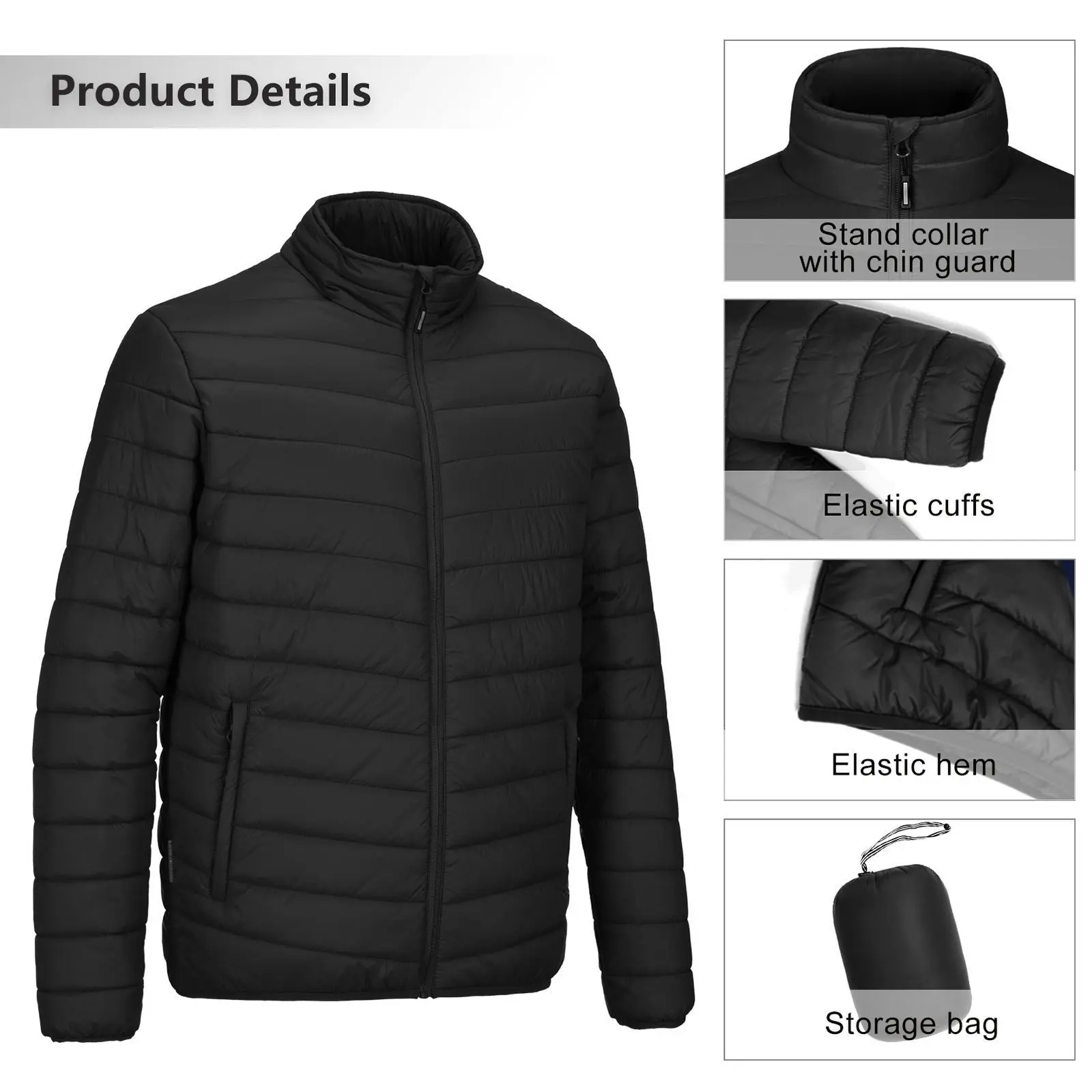 Outdoor Ventures Men's Lightweight Packable Insulated Winter Puffer Jacket with 1 Zipper Chest Pocket, 2 Outside Zipper Pockets for Snow Skiing, Hiking
