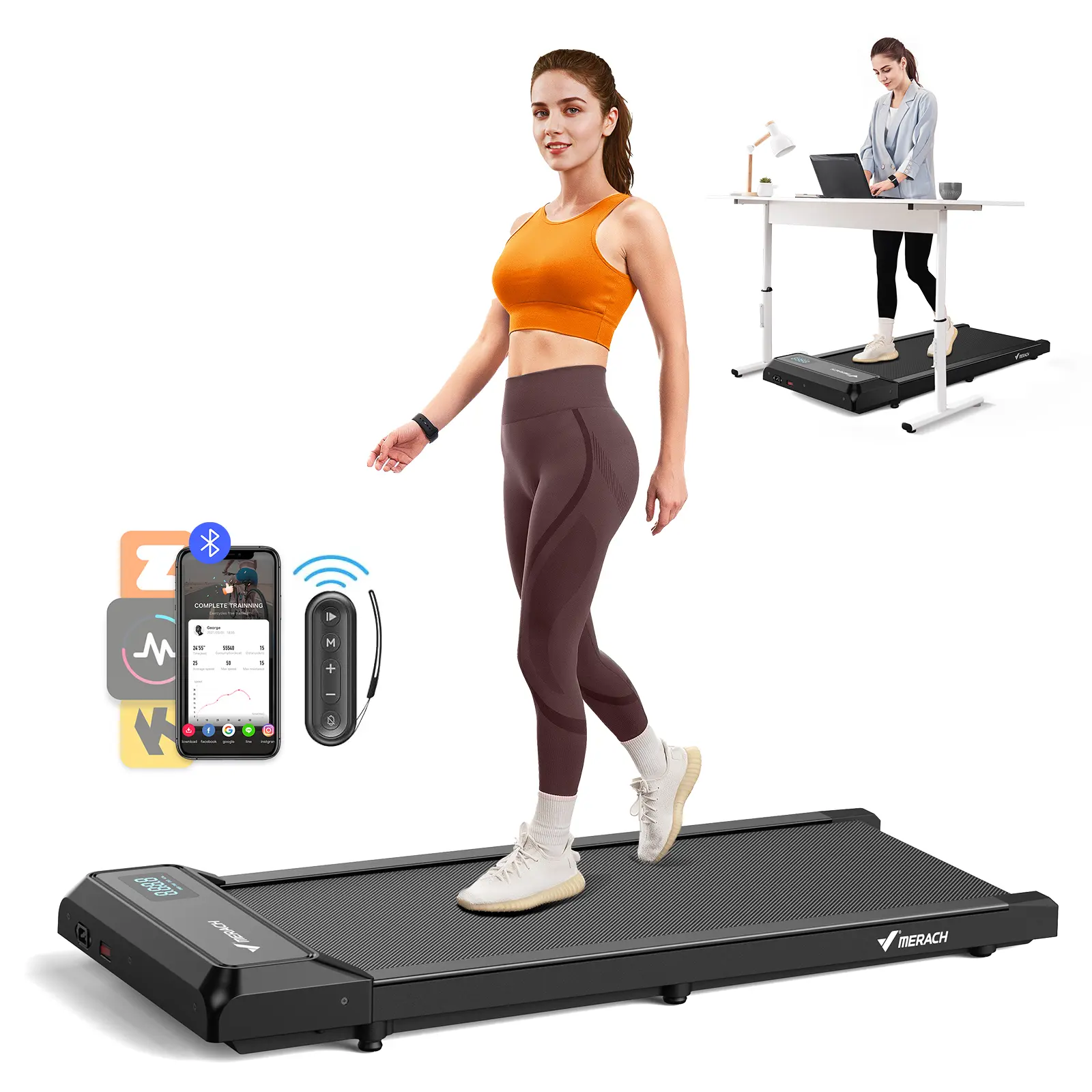 Merach Under Desk 2-in-1 Walking Pad for Home & Office,  2.25HP Low-Noise Portable 265lbs Treadmill with LED Display for Walking and Jogging BackToSchool