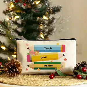 Teacher-Themed Travel Cosmetic Bag - Teacher Survival Kit Design with Coffee Cup Apple and Pencil Motifs Makeup Organizer