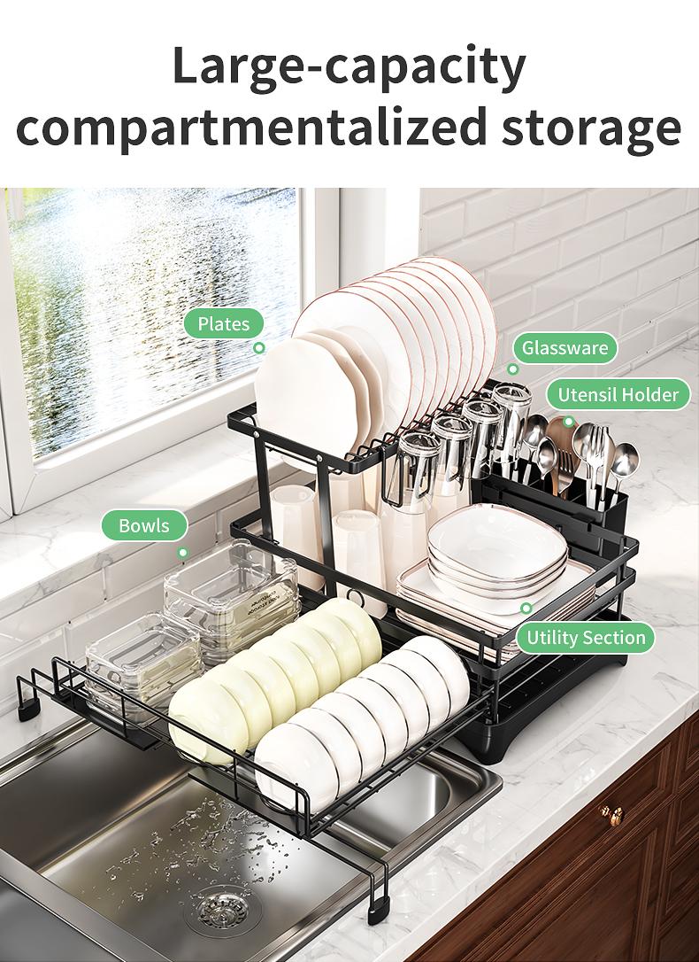 Foldable Over Sink Dish Drying Rack｜Pull-Out 2-Tier Dish Drainer with Utensil Holder｜Space Saving Kitchen Organizer for Small Kitchens