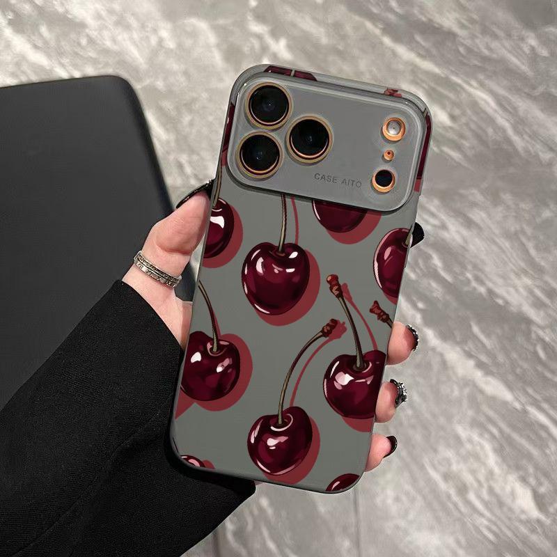 Low-Saturation Retro Red Cherry Pattern Dopamine Ins Style Solid Color Phone Case Ultra Skin Friendly Touch All Inclusive Lens Compatible with Apple iPhone 17 Air 16 15 14 13 12 Por Max