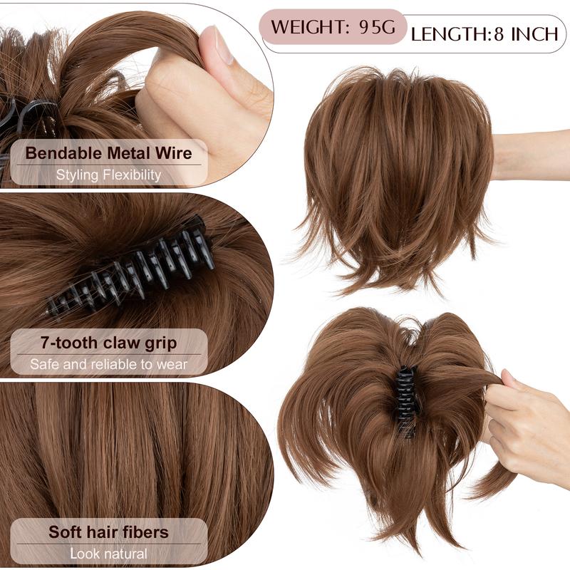 SEGOHAIR Claw Clip Short Ponytail Hair Extensions Messy Bun Hair Piece with Bendable Metal Wire Natural Fluffy Synthetic Straight Hairpiece
