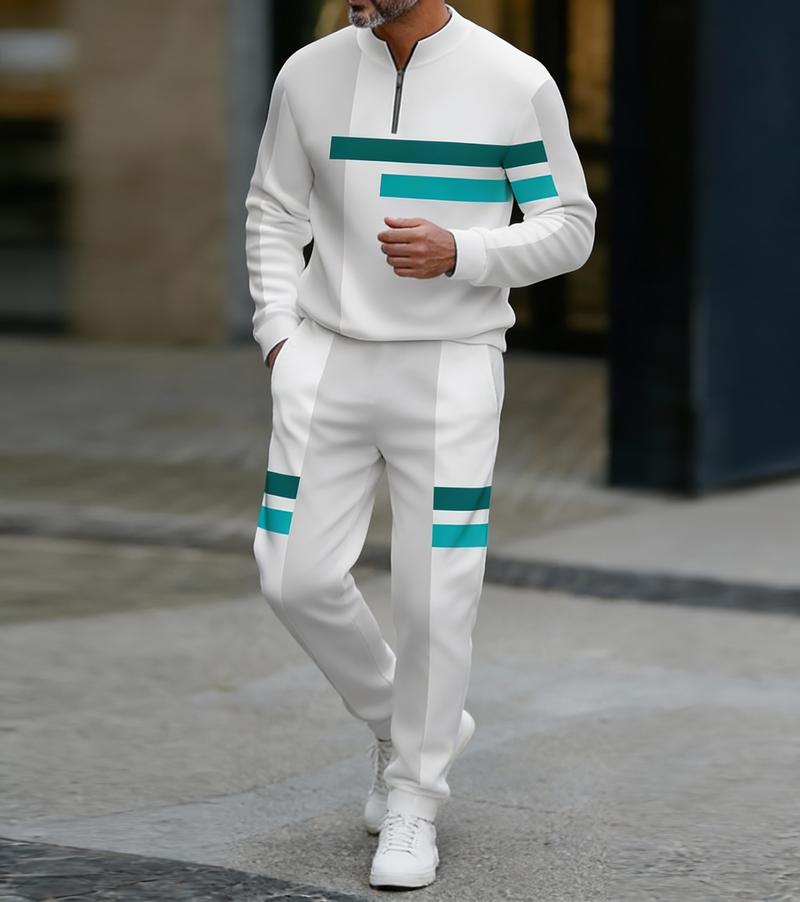 European and American two-piece men's white sports suit |     Geometric stripe design, semi open collar |     High quality polyester fiber fabric, wrinkle resistant and easy to maintain |     Fitness trend, suitable for sports and leisure style