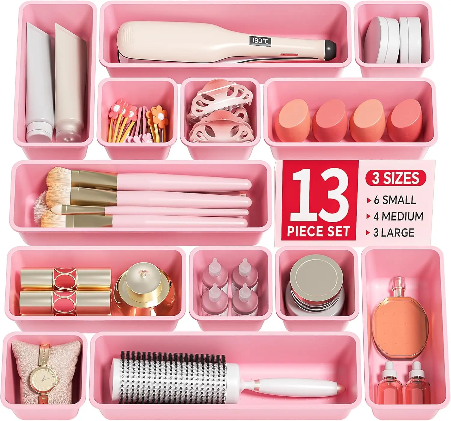 Pack of 13 - Plastic Drawer Organizers Set, 3 Sizes Desk Drawer Organizer Trays for Vanity and Makeup Organizer, Organization and Storage for Makeup, Kitchen Utensils, Bathroom and Office, Pink