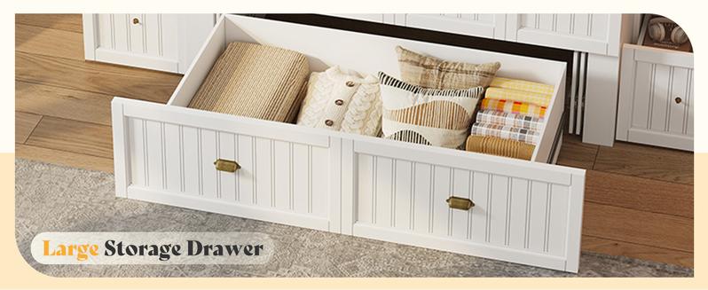 [Ships in 2 Boxes] AMERLIFE Murphy Bed with Bedside Tables, Foldable Cabinet with 3 Storage Drawers & Charging Station, Farmhouse Hideaway Bed for Bedroom/Office/Guest Room