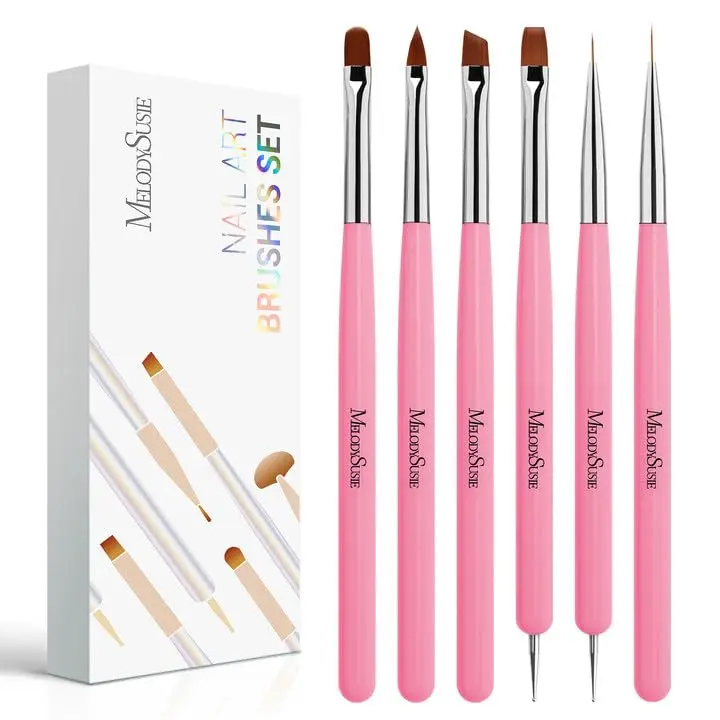 MelodySusie Nail Art Brushes Set,6pcs Nail Art Design Pen Painting Tools with Extension Gel Brush, Polish Brush, Builder Brush,Liner Brush, Carved Brush, and Dotting Pen for Home DIY Salon Use