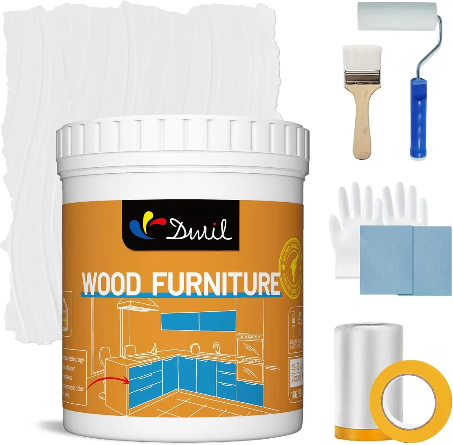 DWIL Water-Based Wood Paint for Furniture Surfaces - Non-Toxic, Odorless, Fast Drying - 32oz Pail - Matte White - Indoor/Outdoor Use - Protects Dressers, Beds, Chairs, Tables for DIY Enthusiasts