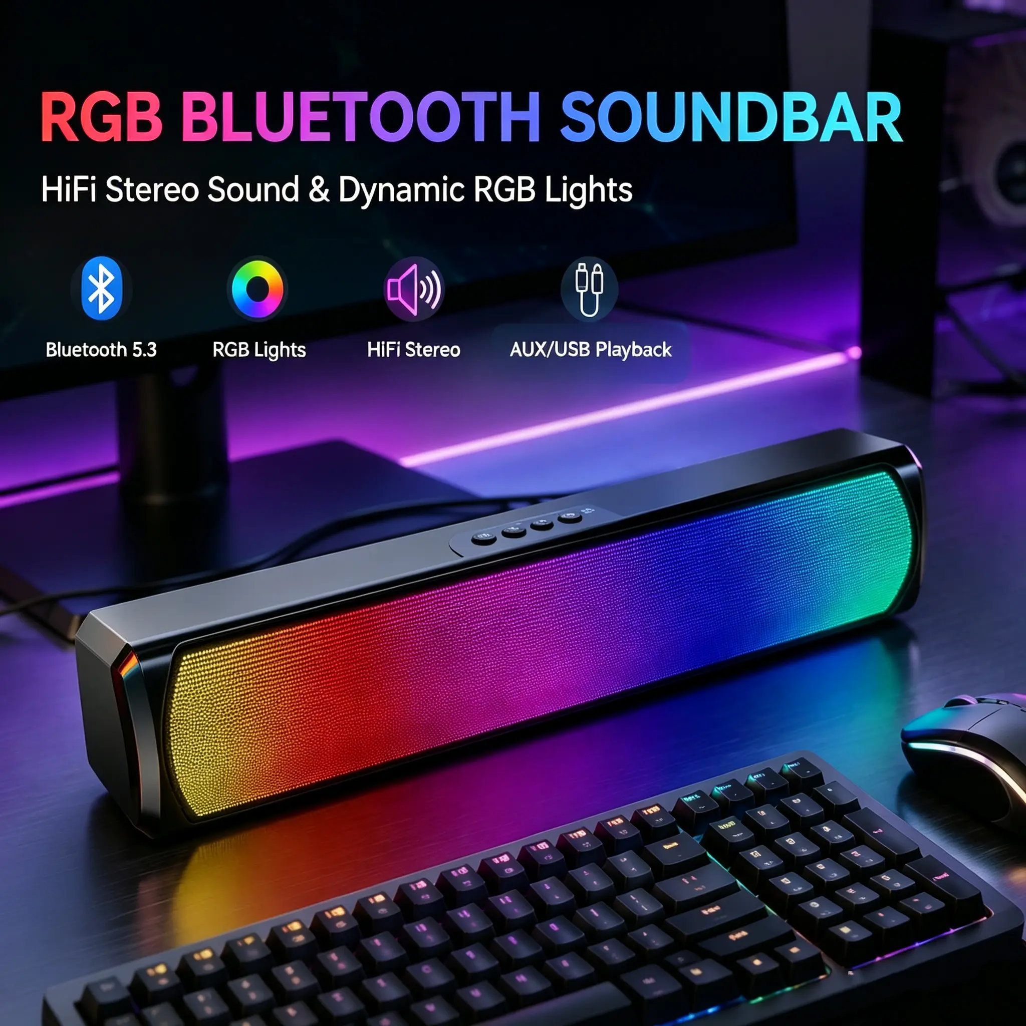 RGB Pro Desktop Soundbar, Computer Speaker with Dynamic Lighting, Audio-Light Sync, USB Powered, BT and Aux 3.5 Jack Connection sohochic sohochic