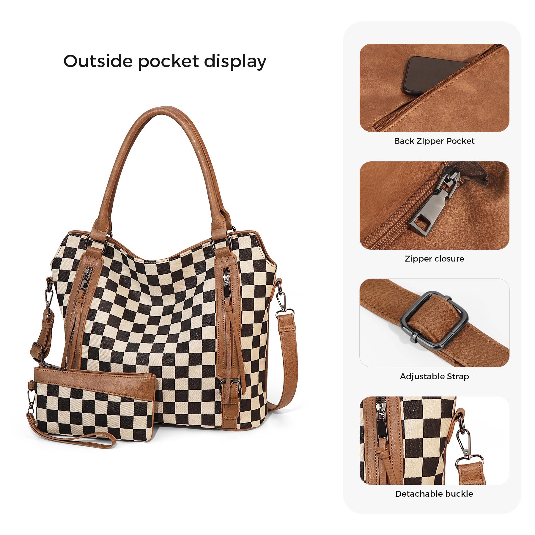 Large Checkered Tote Bag for Women, Vintage Hobo Bags for Women, Multiple Pockets Tote Handbags, Water Repellent Shoulder Bag
