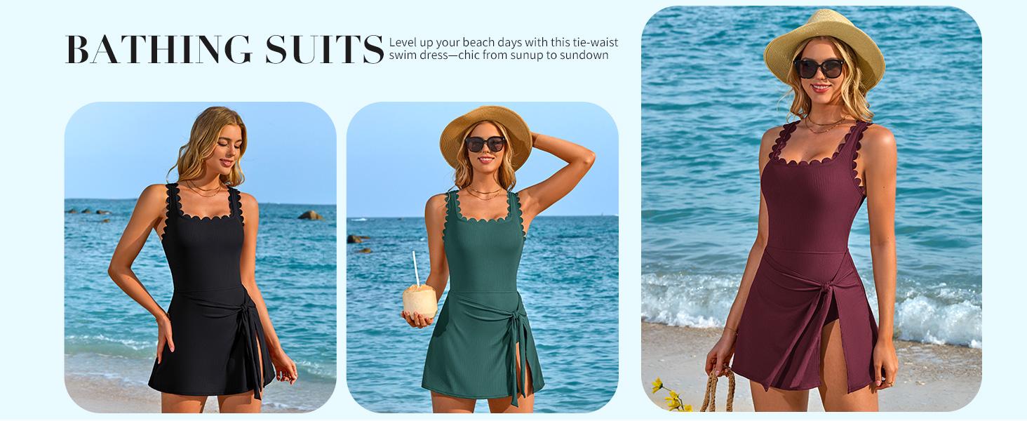 Charmo One Piece Swim Dress Scalloped Modest Swimsuits for Women Tummy Control Bathing Suit with Skirt Square Neck