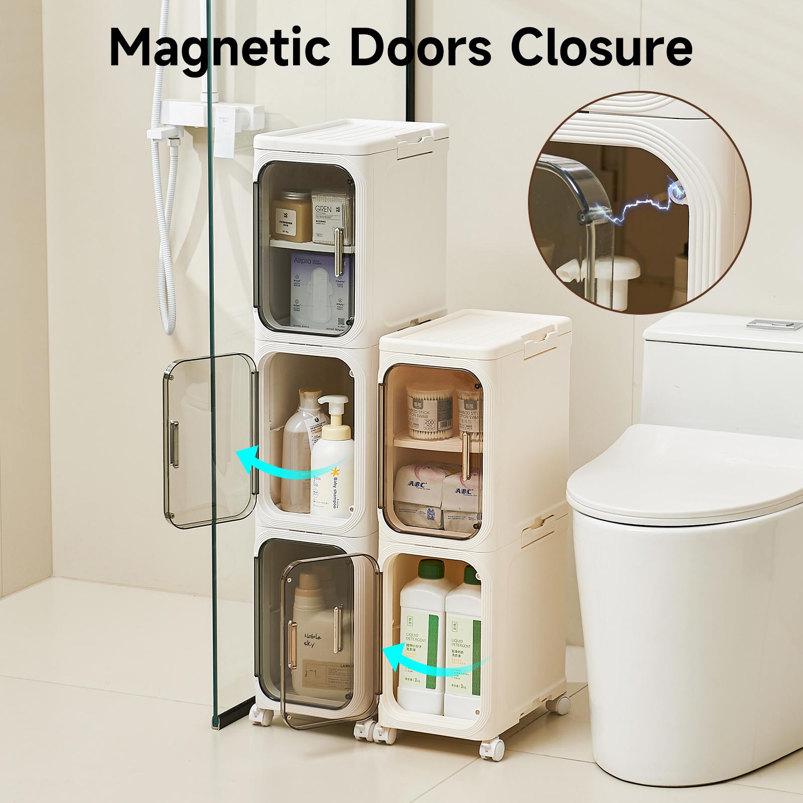 UFORU four-layer tall and narrow storage cabinet, made of plastic, with a slim design, doors and adjustable shelves, wheels, stackable and foldable, suitable for small spaces, bathrooms and kitchens.