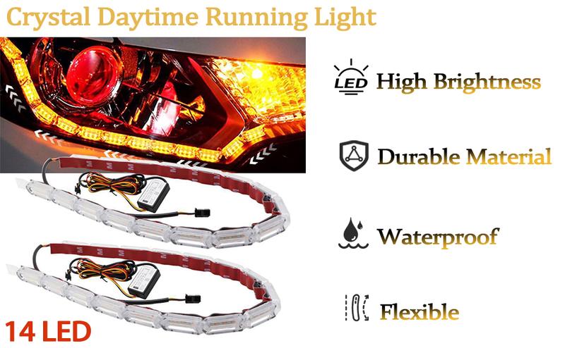 DIBMS 2pcs Flexible Automotive LED Strip Lights, Crystal DRL LED Lights, Daytime Running Lights, Fluid Turn Signal Lights, Headlights, White/Amber, Angel Tears Headlight Kit Flexible Crystal Sequential Daytime Lights Car Lighting Accessories