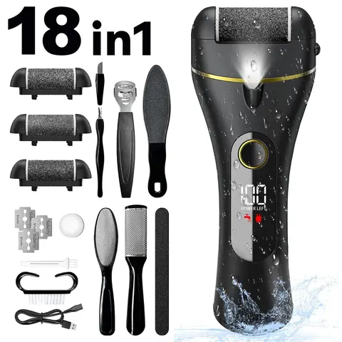 Electric Callus Remover for Feet,Portable Foot File Pedicure Tools,Waterproof 18 in 1 Kit for Cracked Heels, Calluses, Dead Skin, with 3 Roller Heads, 2 Speed, Perfect Hands Scrubber