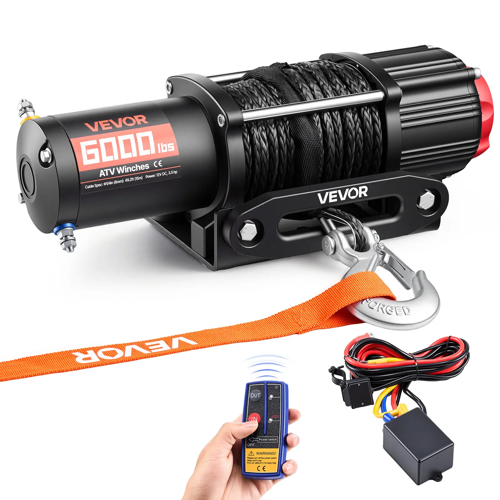 【summerfinds】VEVOR 6000 lbs Electric Winch, 12V DC ATV/UTV Winch with Φ0.24 in x 49.2 ft Synthetic Rope, Wireless & Wired Remote Control, IP55 Waterproof, with Fairlead Mount Plate for Towing ATV UTV Off-Road