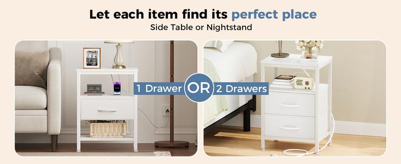 Nightstand with Charging Station and 2 Fabric Drawer, Bedside Table Furniture with USB Ports and Outlets