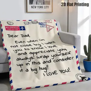 1pc Handwritten Dear Dad Throw Blanket Suitable for Sofa Snuggling, Bed Warmth - Cozy Flannel Bedspread with Airmail Letter, - Gift for Fathers Day, for Dads, Family, or, Hand Wash Only (Multicolor), 2D Flat