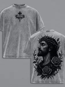 Crown of Thorns * Black Rose T-Shirt | Heavy Washed, Crew Neck, Casual Style, Gothic Christian Pattern, Perfect for Easter, Christmas, and Thanksgiving Streetwear.