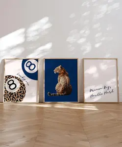 Navy Blue Set of 3 Leopard Wall Art Cheetah Animal Print 8 Ball Lucky Me Trendy Wall Gallery Preppy Cheetah Poster Print Unframed