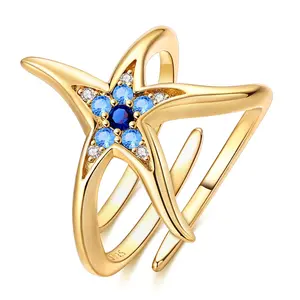 MULA 14K Gold-Plated Starfish Ring – 925 Silver-plated Adjustable Opening Double Band, Set with Ocean Blue Cubic Zirconia, Bohemian Beach Summer Vacation Jewelry, Perfect Gift for Teen Girls