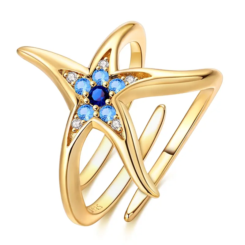 MULA 14 Karat Gold-Plated Wave-Like Starfish Ring - 925 Silver-Plated Adjustable Double Band, Ocean Blue Cubic Zirconia, Bohemian Style Jewelry for Beach Vacation, Pool Party, Ideal Teen Girls' Gift, Starfish Shape