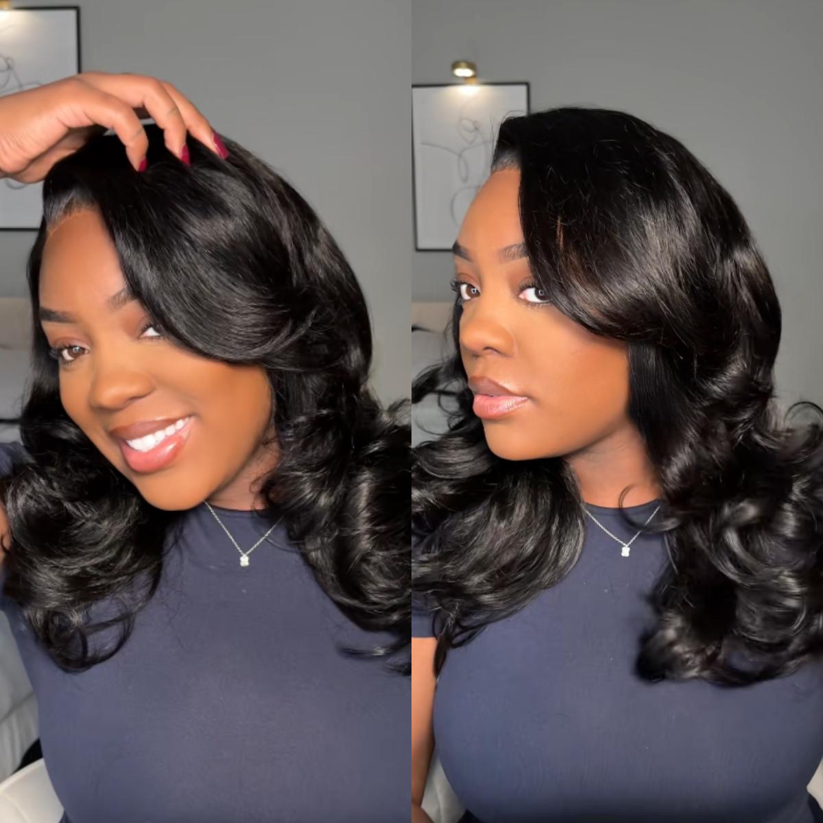 Salon Style at Home-Sunber Pre-Styled Body Wave Lace Frontal Wig with Side Bangs Layered Cut Human Hiar Wigs-No-Fuss, Glueless & Ready to Wear Wig Pre Cut Pre Bleached Pre Plucke 180% Density