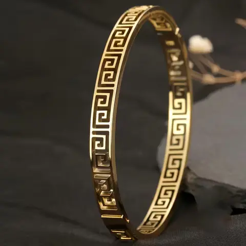 Female 14K Golden Tone Bangle Bracelet - Hollow Great Wall Pattern, Winding Interlace Design, Water-Resistant, Non-Fading, Casual Wrist Jewelry for Durability, Banglebracelets, Bracelets Bangles