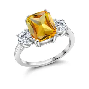 Gem Stone King 3.50 Cttw Yellow Citrine and White Moissanite 3-Stone Ring For Women | 925 Sterling Silver | Cushion Cut 10X8MM | Round 4.5MM | Three Stone Wedding Engagement Anniversary Ring