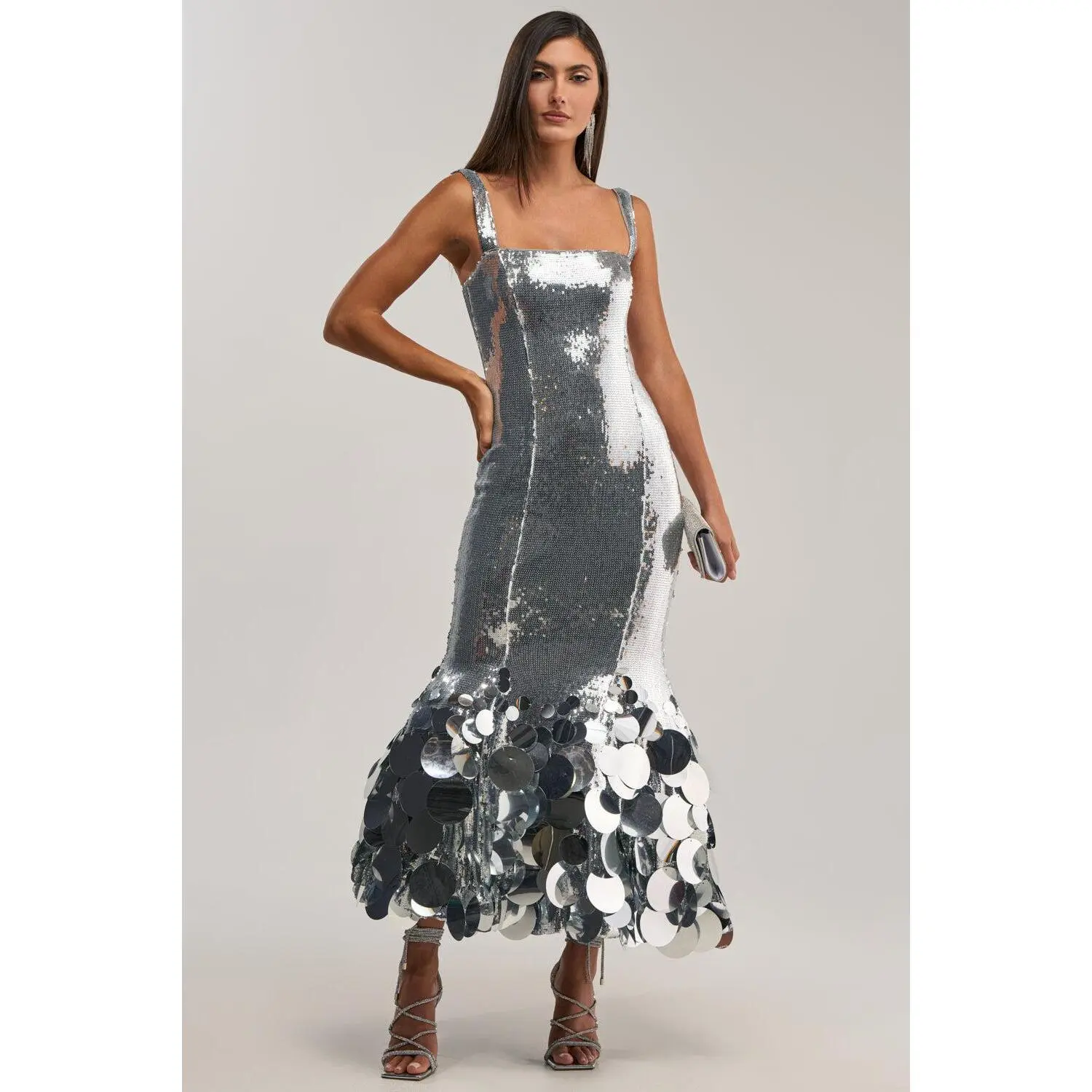 LIFE OF THE PARTY SEQUIN MIDI DRESS IN SILVER