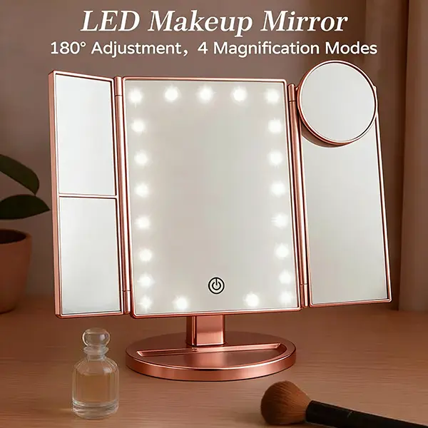 Hoodink Makeup Mirror Vanity Mirror with Lights, Bathroom Adjustable Brightness Mirrors 1X/2X/3X/10X Magnification and Touch Screen Trifold Makeup Mirror Two Power Supply Modes Women Gift,sunscreen