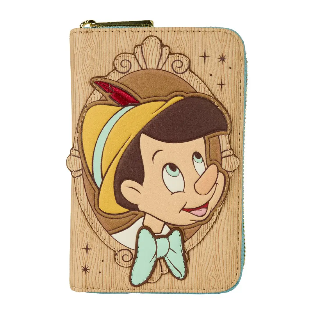 Loungefly Women's Disney Pinocchio Graphic Zip-Around Wallet, Casual Faux Leather with Woodgrain and Applique Details, Debossed, Lightweight, Long Wallet