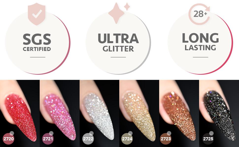 GAOY Salute Reflective Glitter Gel Nail Polish Set of 6 Colors Including Pink Red Silver Black Colors Holographic Gel Polish Kit for Salon Gel Manicure and Nail Art DIY at Home