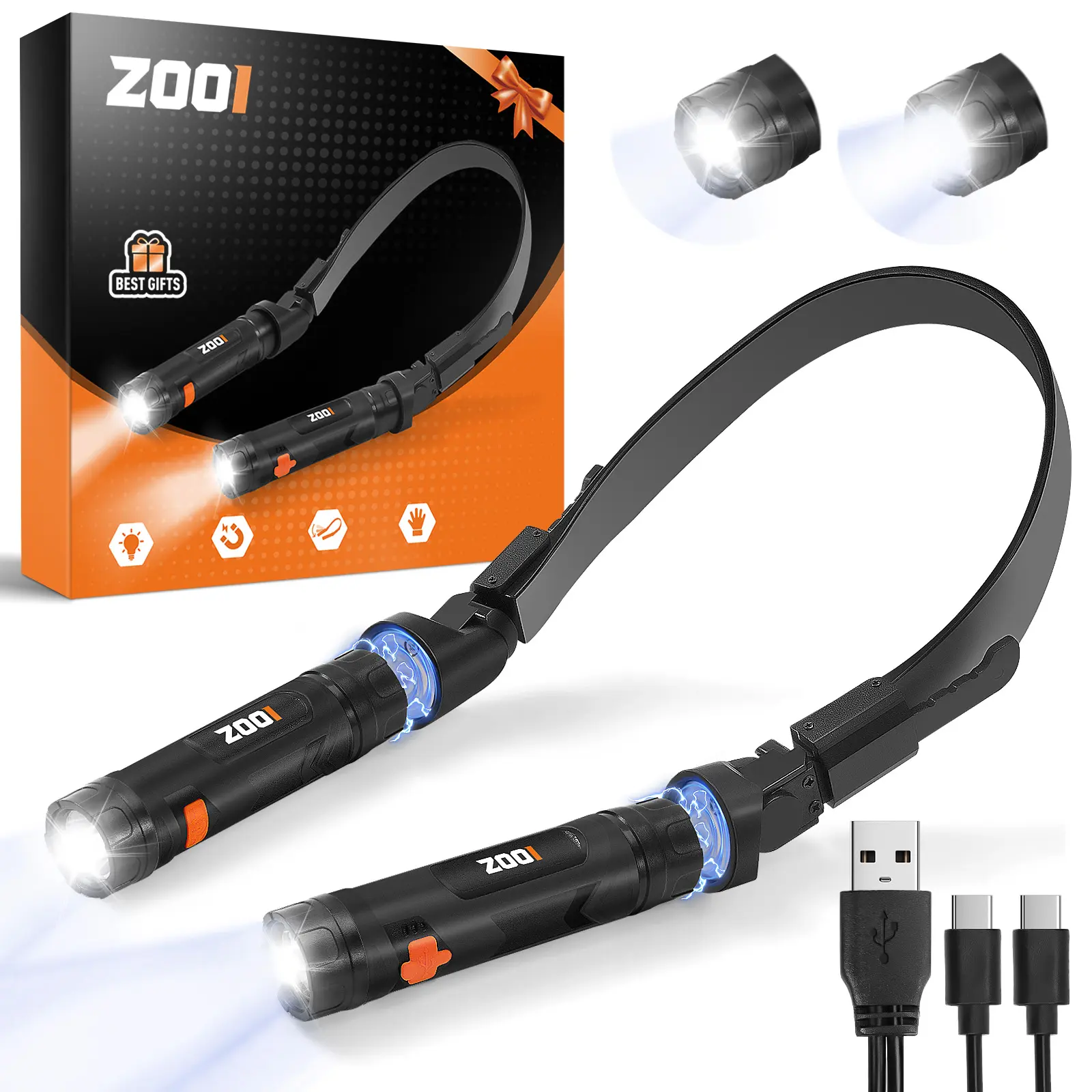ZOOI Magnetic LED Neck Light - 3-in-1 Multifunctional USB Rechargeable Spotlight, Hands-Free Adjustable Waterproof Flashlight, 2 Light Modes, Reduces Charging Time, Cool Dad Gift (Birthday, Christmas) for Mechanics, Multifunctional Flashlight