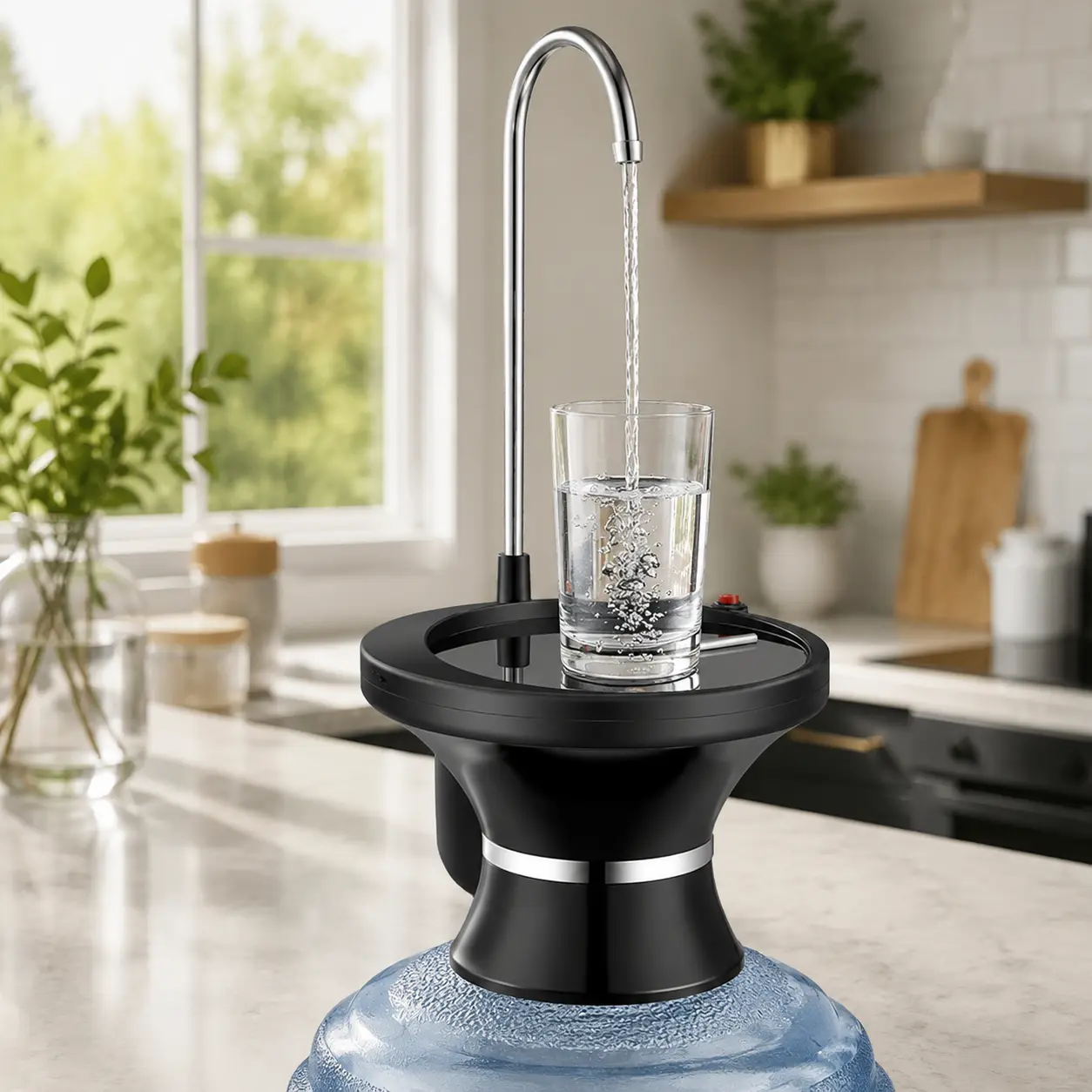 Automatic Electric Water Dispenser Pump for 1-5 Gal Bottles, USB Rechargeable, 304 Stainless Steel Spout, 1-Touch Operation, Large Tray, Universal Household Kitchen Appliance for Home & Office