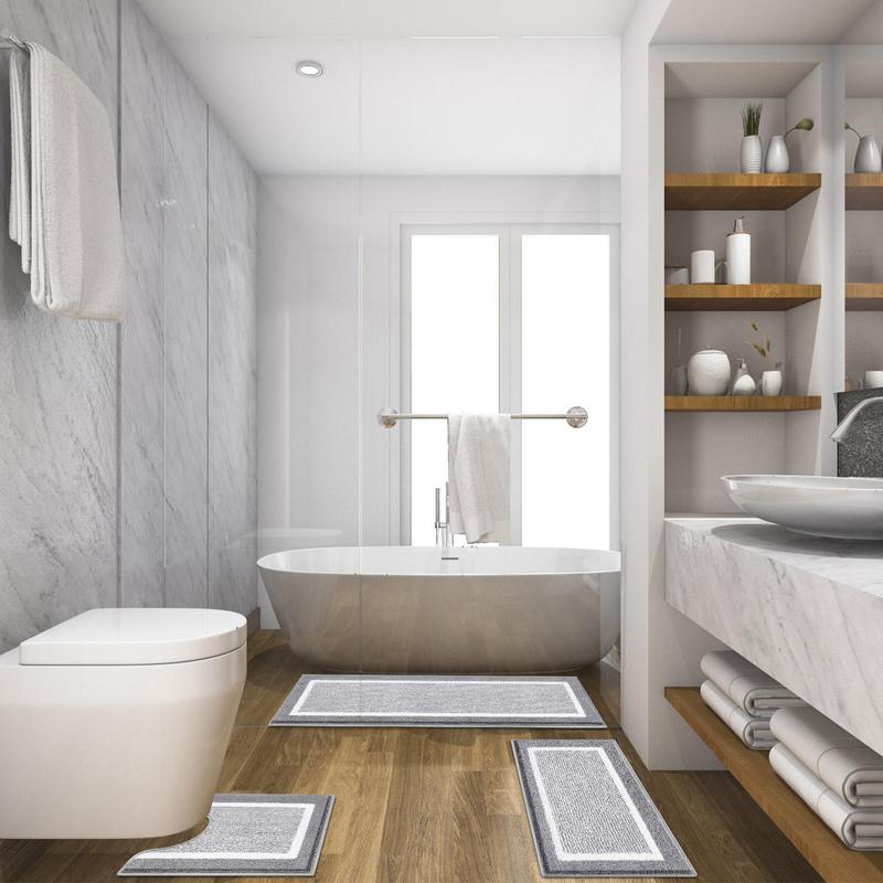 LOKHOM Bathroom Rug Sets, Non Slip, Absorbent Microfiber, Soft Farmhouse Bathroom Rug, Includes U-Shaped Toilet Mat, Shower, Machine Washable Home Goods Grey rug